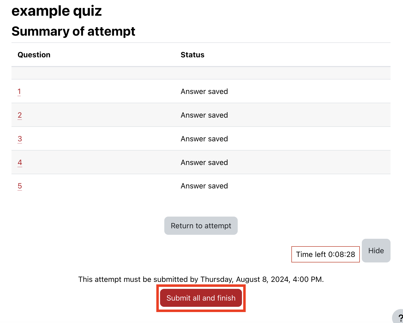 Moodle quiz summary page with the Submit all and finish option highlighted