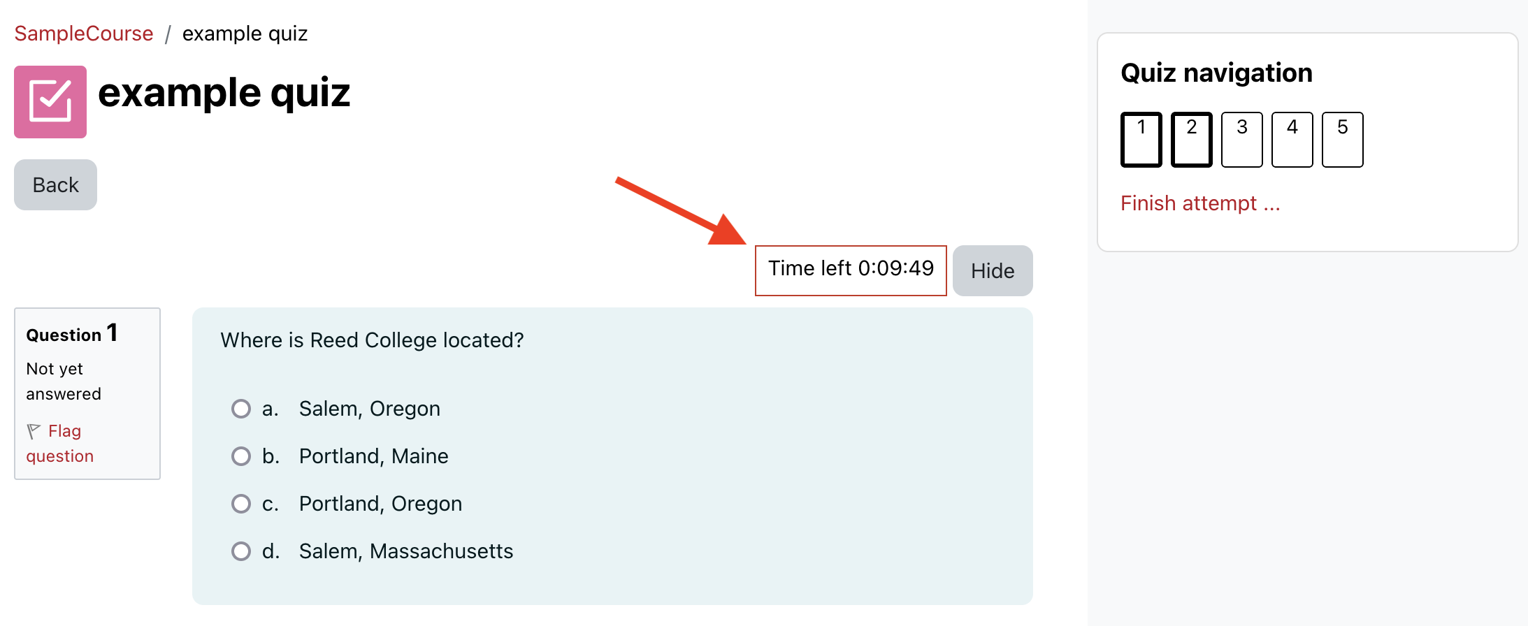 Moodle quiz attempt with an arrow pointing to the timer