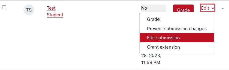 Edit drop down menu in Moodle Assignment with Edit submission highlighted