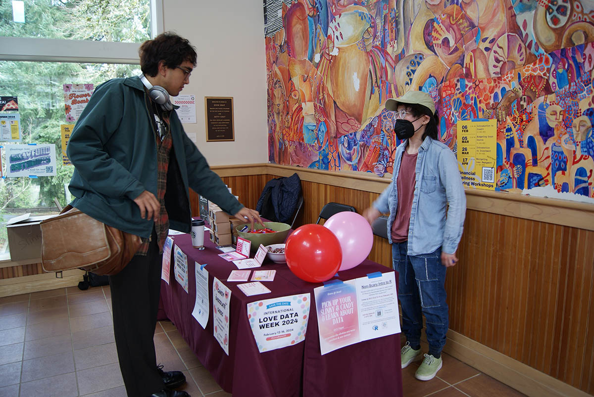 Librarian Jess Yao staffs a table outside the cafeteria on Valentine’s Day.