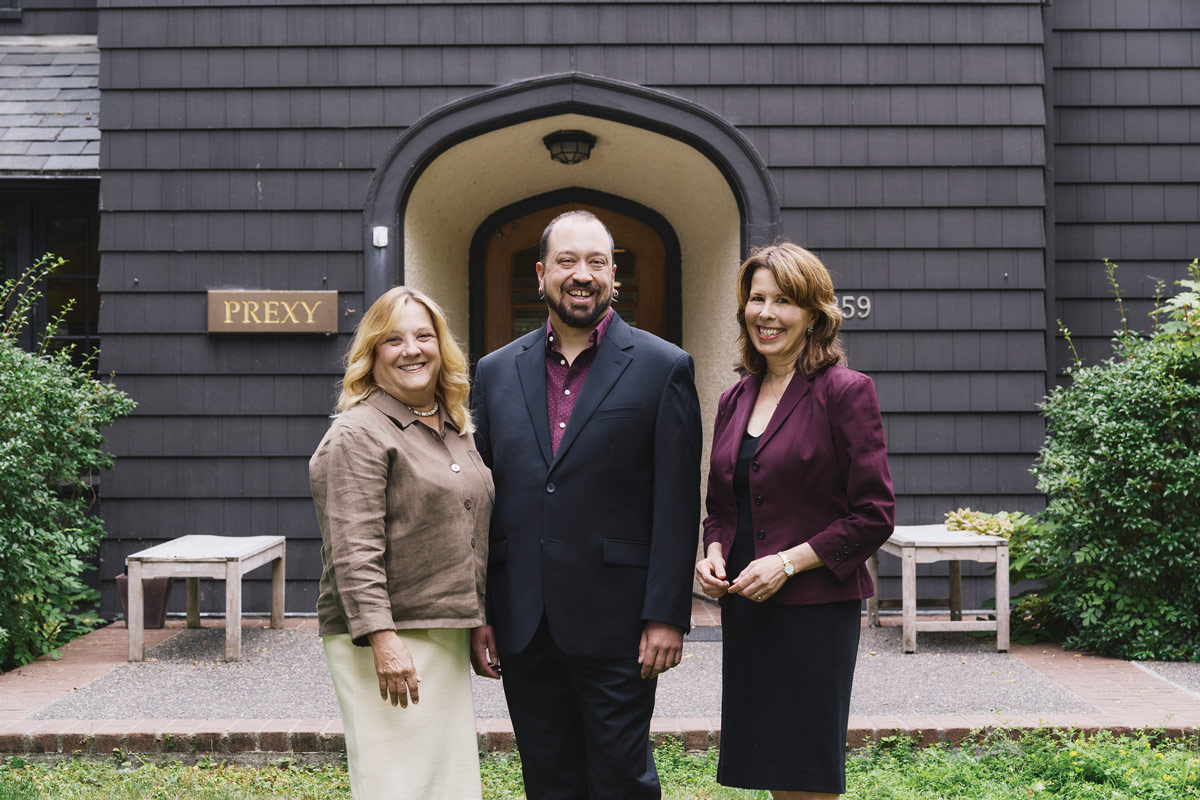 Center for Life Beyond Reed Director Alice Harra, Associate Director of Data and Systems Nate Martin &amp;#8217;16, and Reed President Audrey Bilger