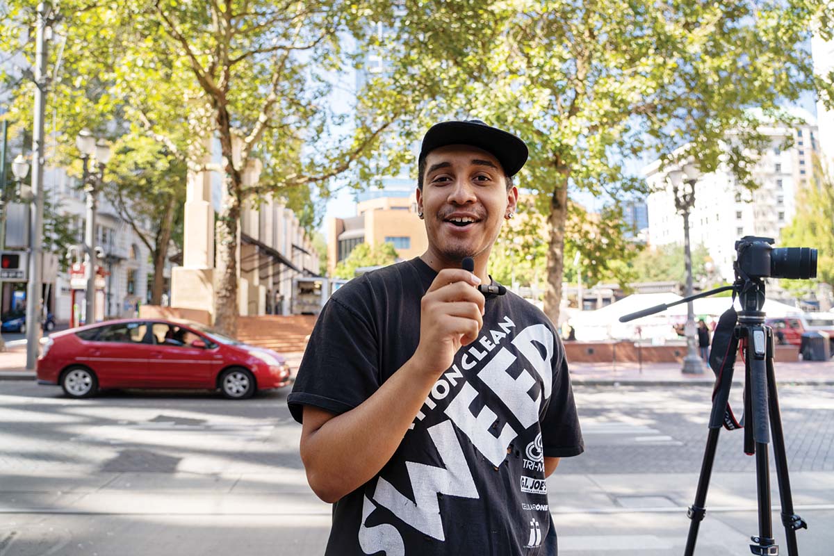 &amp;#8220;I like doing most of my interviews downtown,&amp;#8221; says Zave Payne &amp;#8217;25, on location at Pioneer Courthouse Square. &amp;#8220;I think it&amp;#8217;s important that I have people from all walks of life.&amp;#8221;