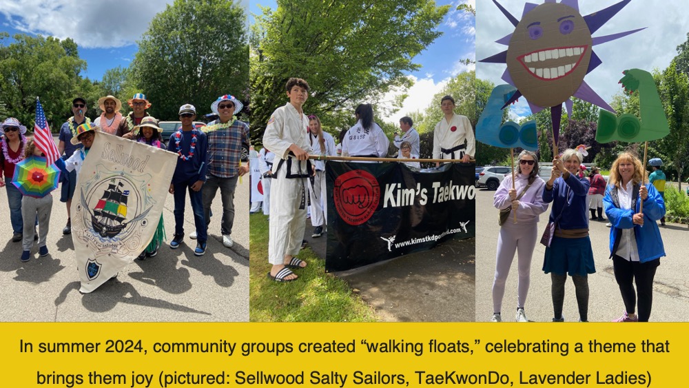 In summer 2024, community groups created “walking floats,” celebrating a theme that brings them joy (pictured: Sellwood Salty Sailors, TaeKwonDo, Lavender Ladies)